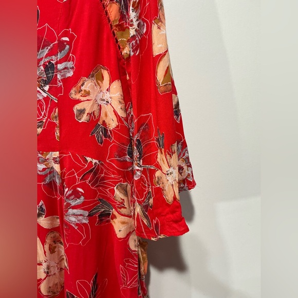 Free People Coral-Red Floral High-Low V-Neck Dress - Picture 11 of 13